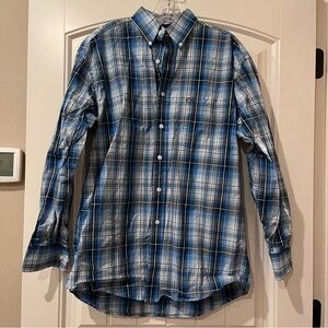 Wrangler George Strait Men's Blue and White Plaid Button Down Shirt Medium